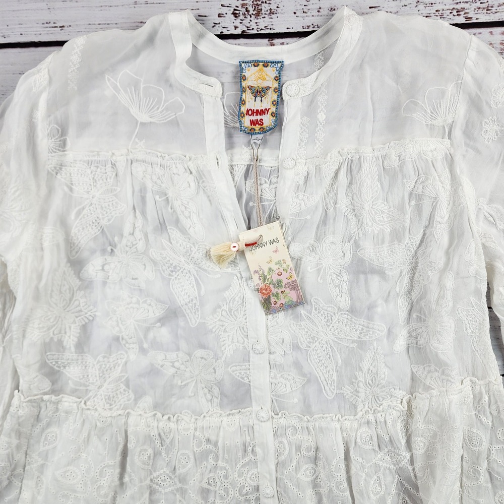 Johnny Was Kimberlee Orchid Party Dress Women's L White Cupro Embroidered NWT